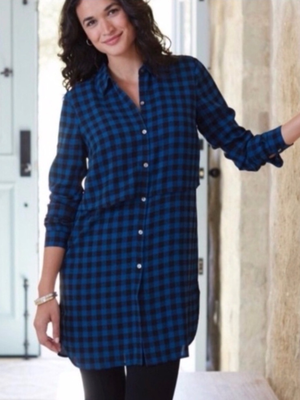 J. Jill Layered Buffalo Check Plaid Button-Down Tunic Top